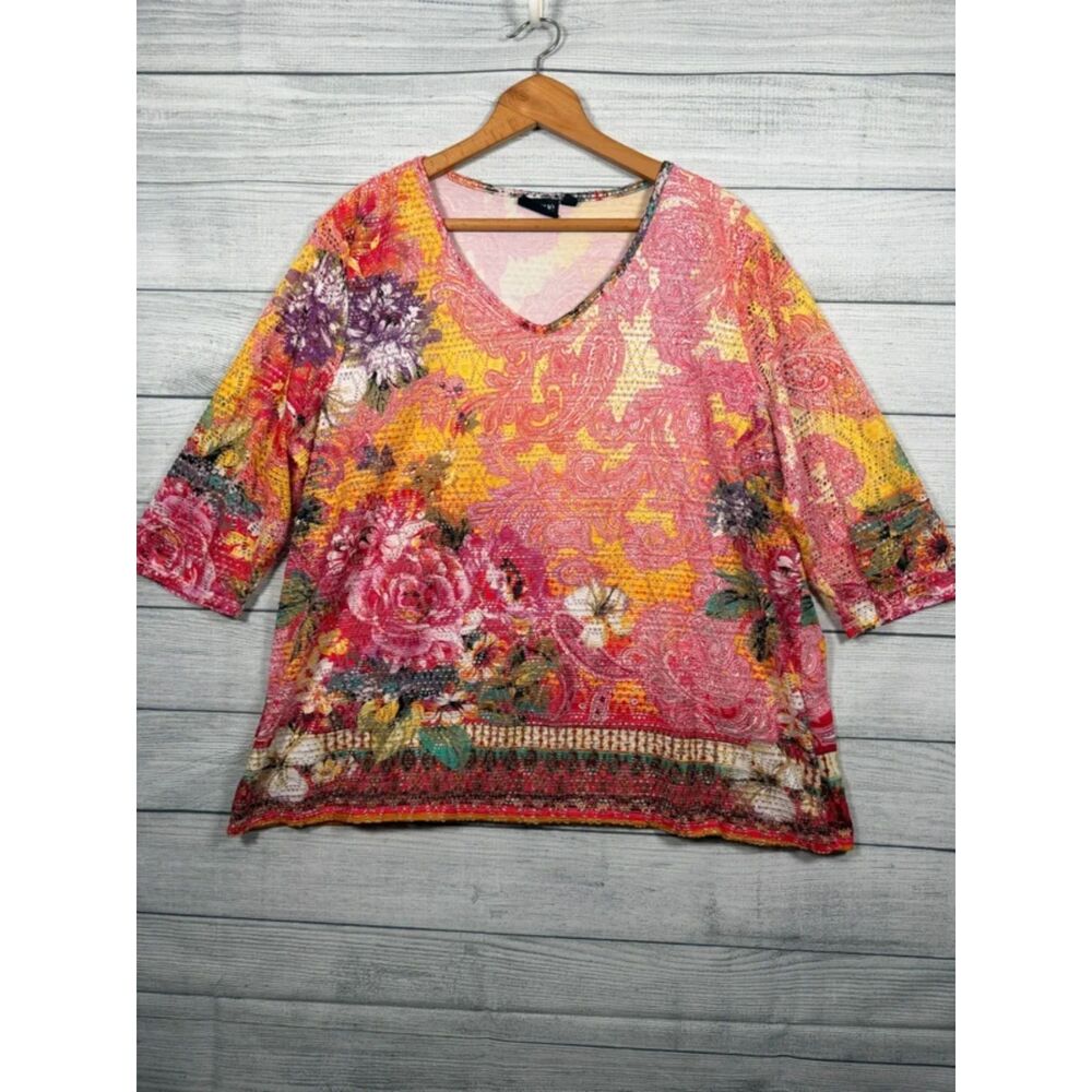 Onque Casual Floral Paisley Burnout Top Womens 2X V Neck 3/4 Sleeve #4515
